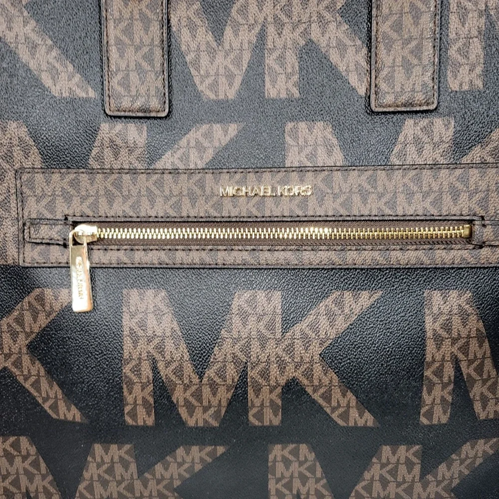 New Michael Kors Kenly Large Tote Black Brown Multi Monogram Canvas